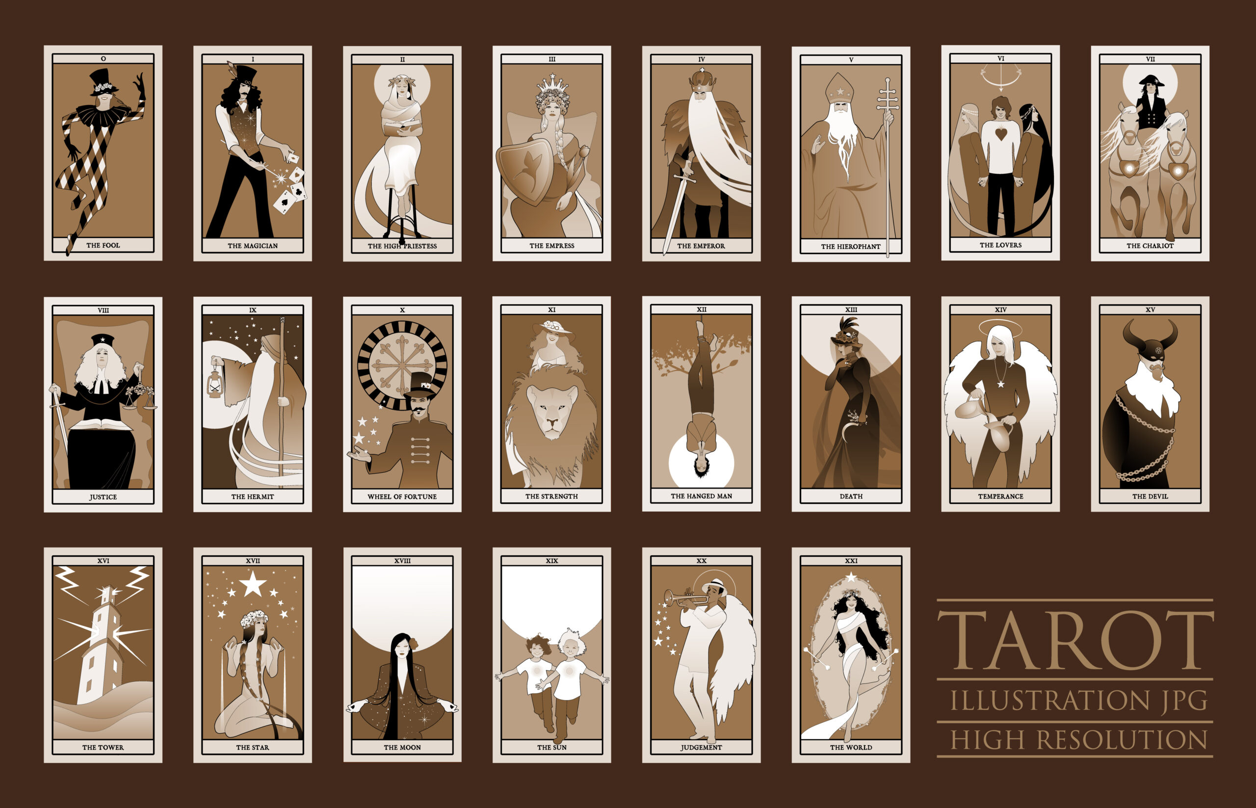 22 Major Arcana of the Tarot card in full. JPG illustrations in high resolution